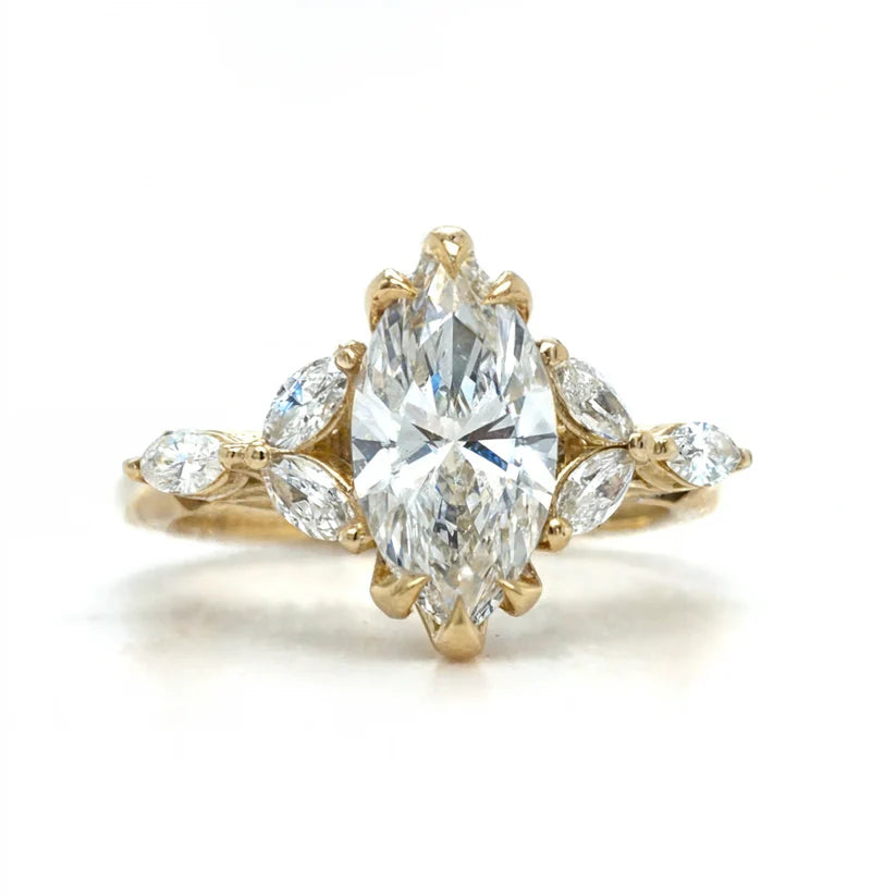 Marquise Solitaire Engagement Ring with 3 Marquise Side Diamonds | 14K Solid Gold | Lab-Grown Diamond Ring
