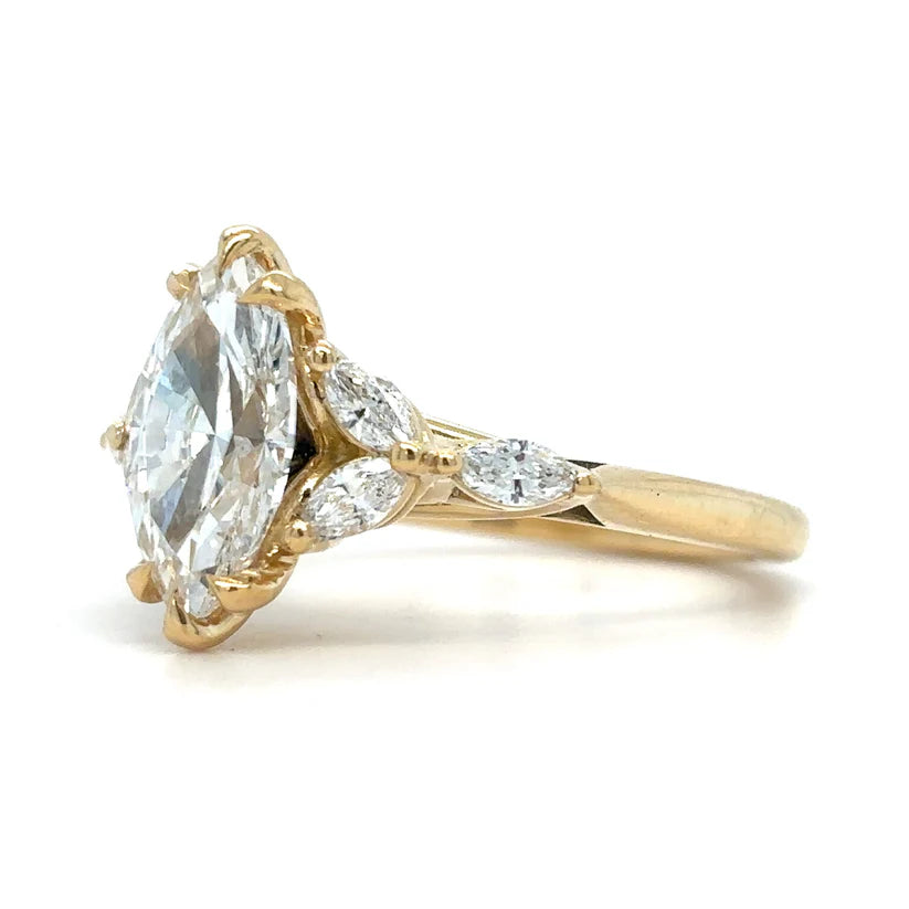 Marquise Solitaire Engagement Ring with 3 Marquise Side Diamonds | 14K Solid Gold | Lab-Grown Diamond Ring