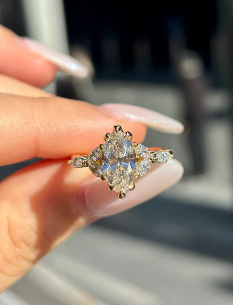 Marquise Solitaire Engagement Ring with 3 Marquise Side Diamonds | 14K Solid Gold | Lab-Grown Diamond Ring