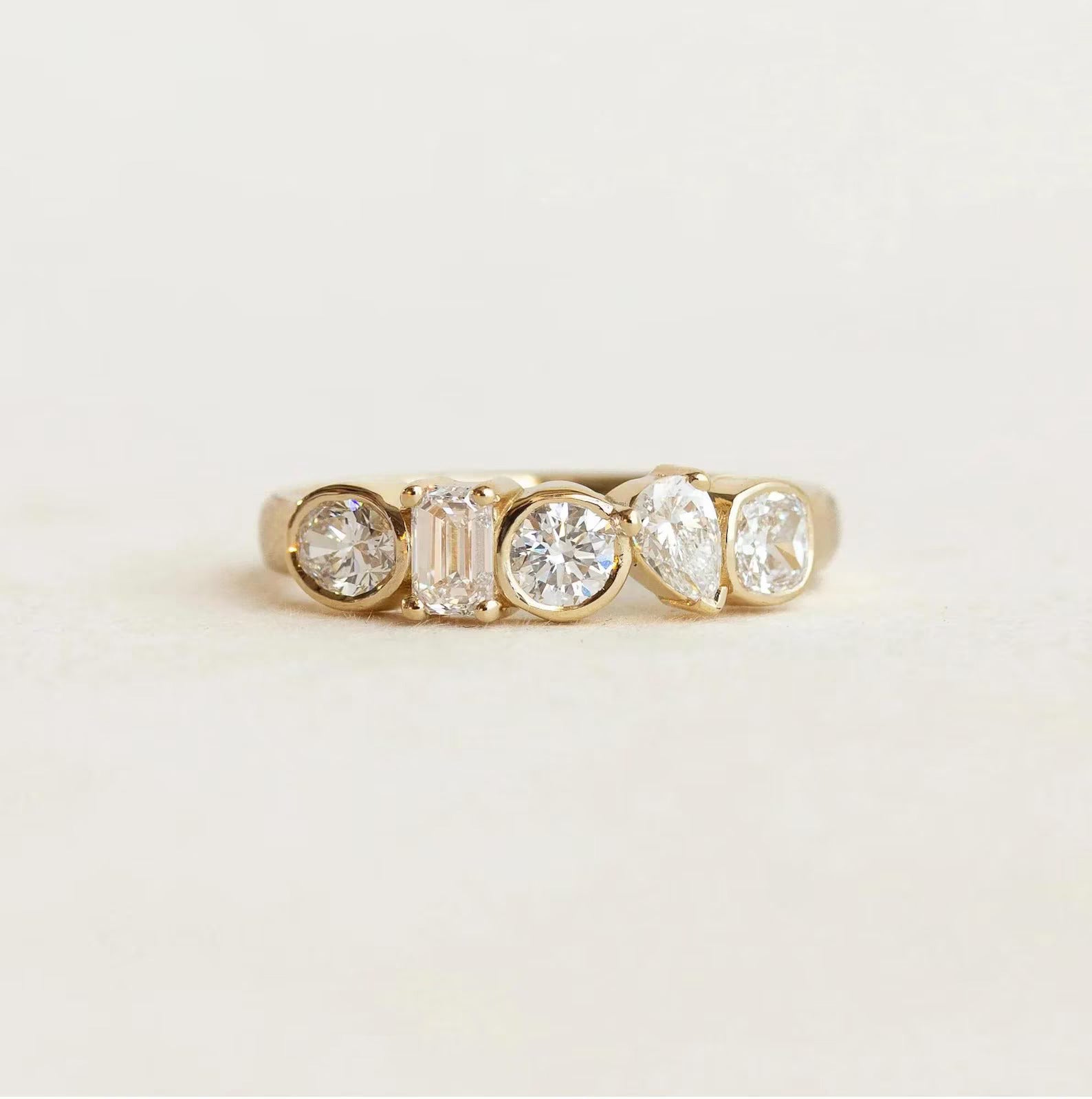 Mixed Shape Moissanite Eternity Ring | 14K Gold Bezel Set Diamond Band | Pear Round Emerald Cut Ring | Anniversary Wedding Band |Unique Ring