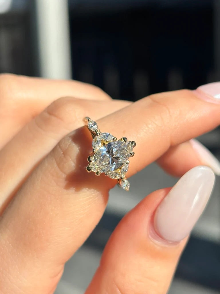 Marquise Solitaire Engagement Ring with 3 Marquise Side Diamonds | 14K Solid Gold | Lab-Grown Diamond Ring