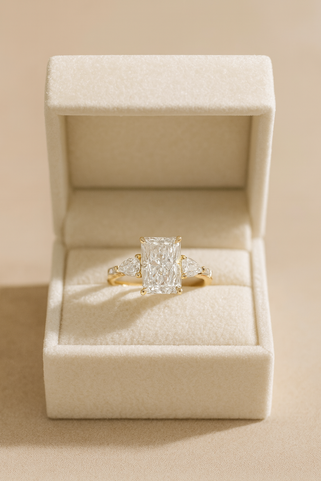 Radiant Cut Moissanite Engagement Ring • 3 Stone Bridal Ring • 14K Gold Radiant Ring • Pear Side Stone Ring • Luxury Proposal Ring