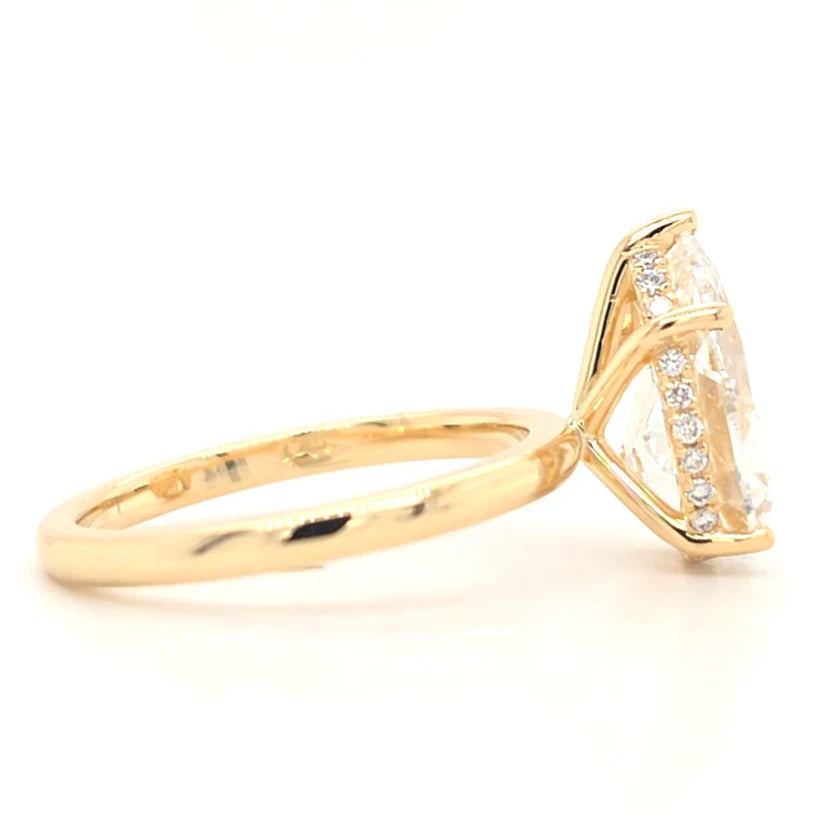 Pear Cut Solitaire Engagement Ring with Hidden Halo & Plain Band