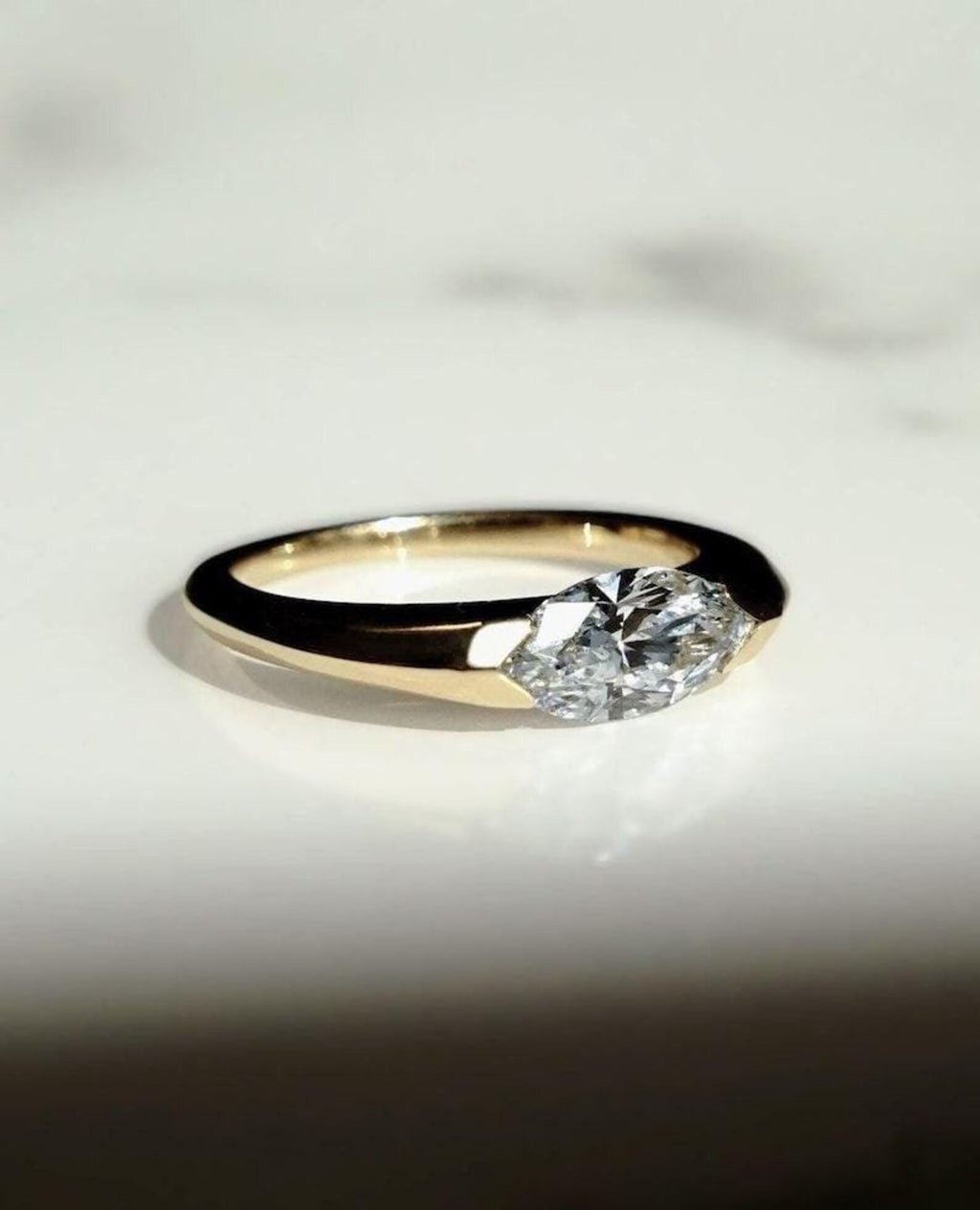 2.00 CT Marquise Cut East West Set Moissanite Diamond Solitaire Engagement Ring 14K Solid Yellow Gold Half Bezel Setting Wedding Gift Ring