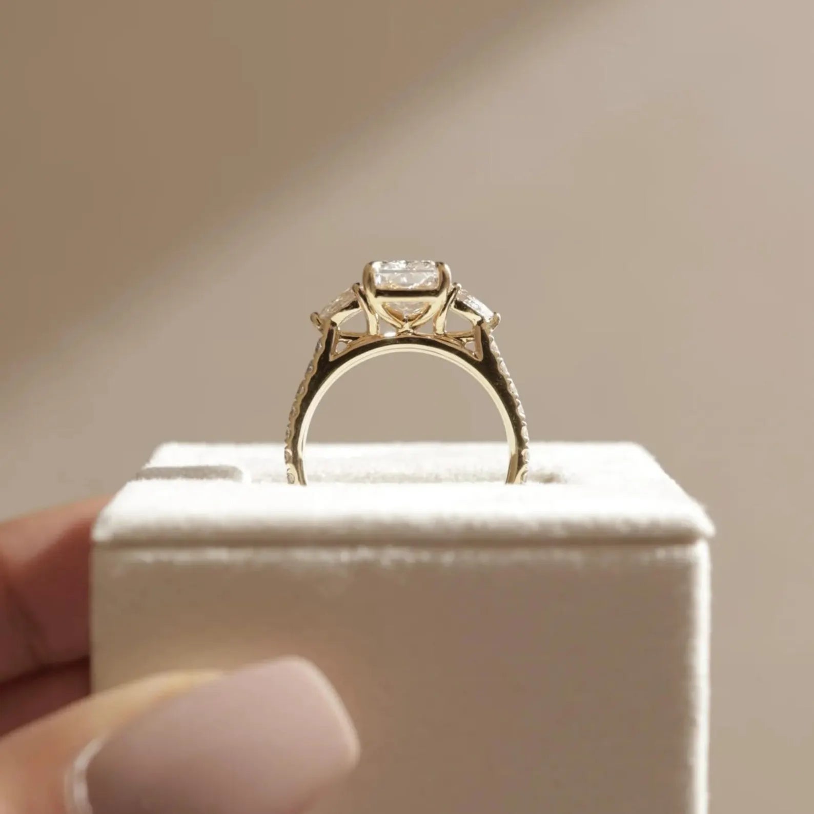 Radiant Cut Moissanite Engagement Ring • 3 Stone Bridal Ring • 14K Gold Radiant Ring • Pear Side Stone Ring • Luxury Proposal Ring