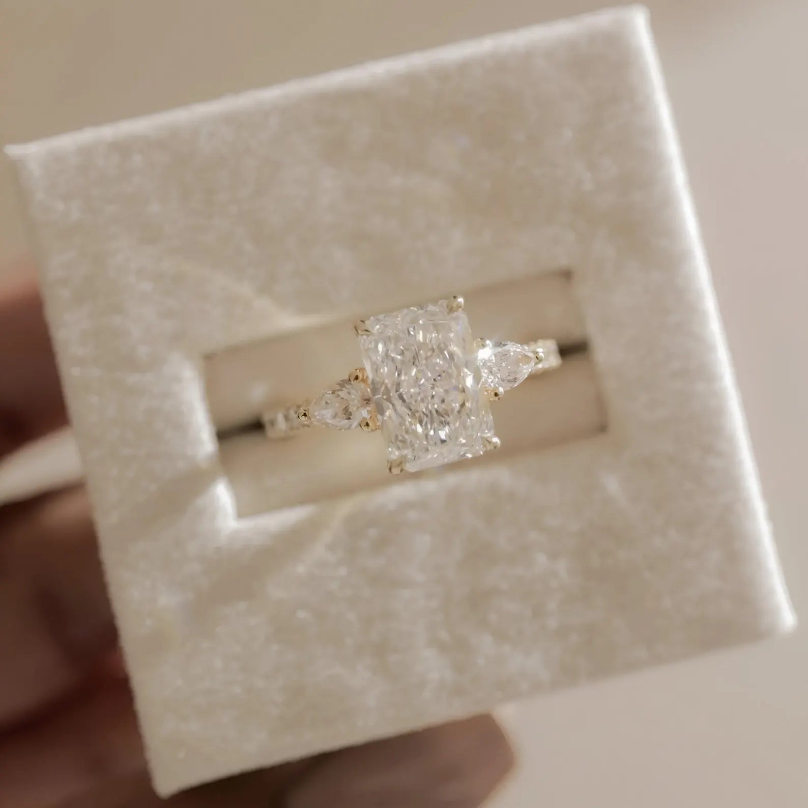 Radiant Cut Moissanite Engagement Ring • 3 Stone Bridal Ring • 14K Gold Radiant Ring • Pear Side Stone Ring • Luxury Proposal Ring