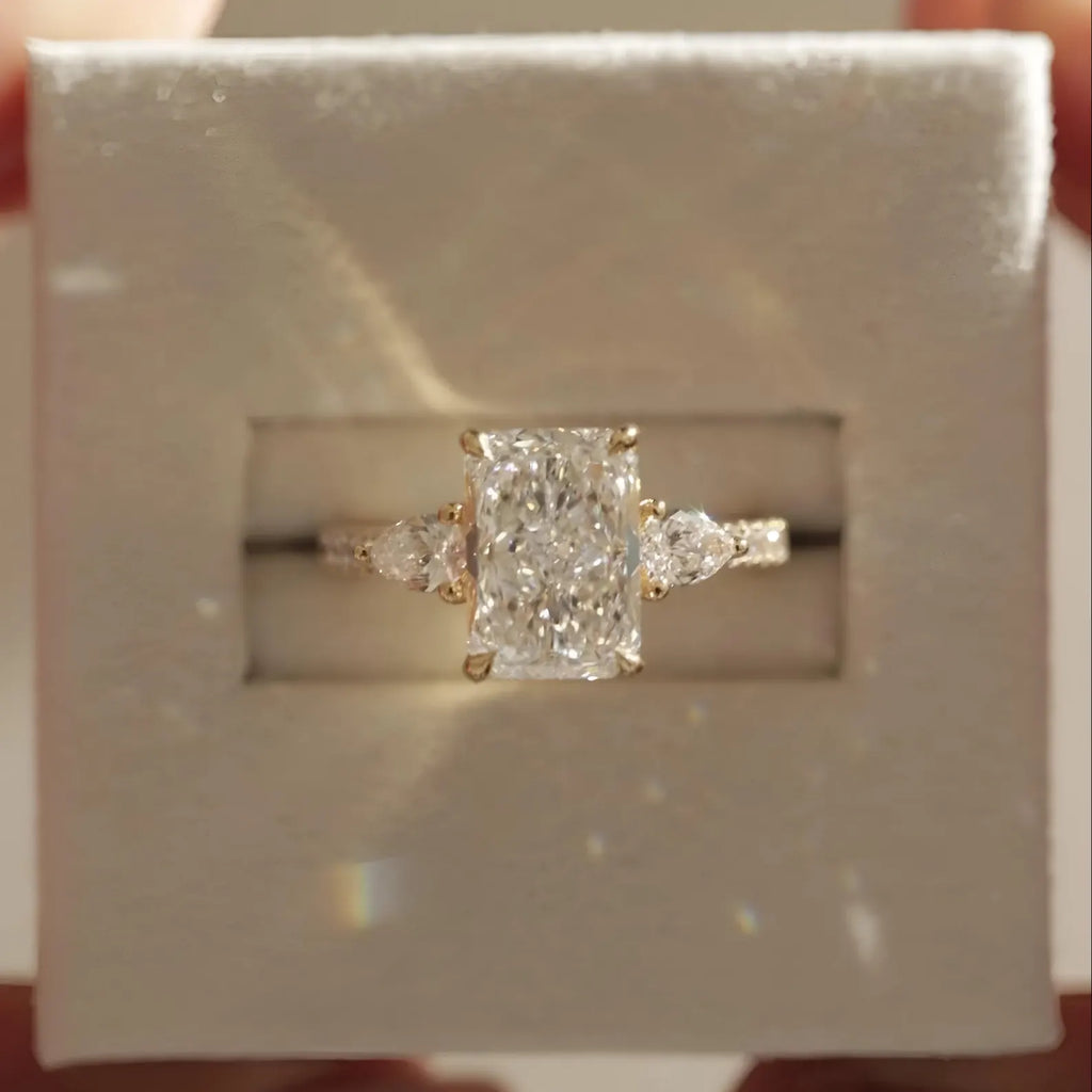 Radiant Cut Moissanite Engagement Ring • 3 Stone Bridal Ring • 14K Gold Radiant Ring • Pear Side Stone Ring • Luxury Proposal Ring