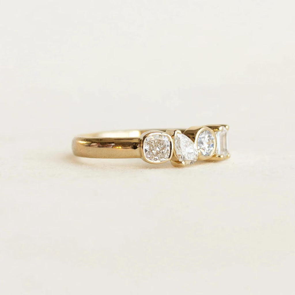 Mixed Shape Moissanite Eternity Ring | 14K Gold Bezel Set Diamond Band | Pear Round Emerald Cut Ring | Anniversary Wedding Band |Unique Ring
