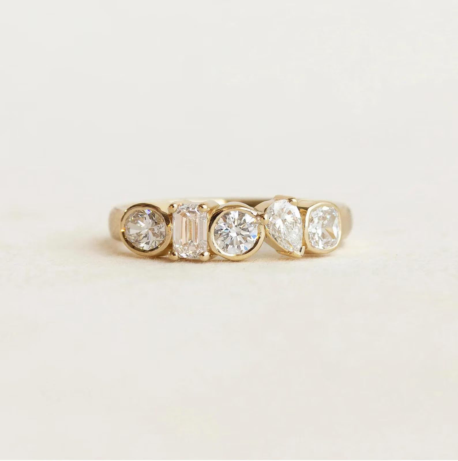 Mixed Shape Moissanite Eternity Ring | 14K Gold Bezel Set Diamond Band | Pear Round Emerald Cut Ring | Anniversary Wedding Band |Unique Ring