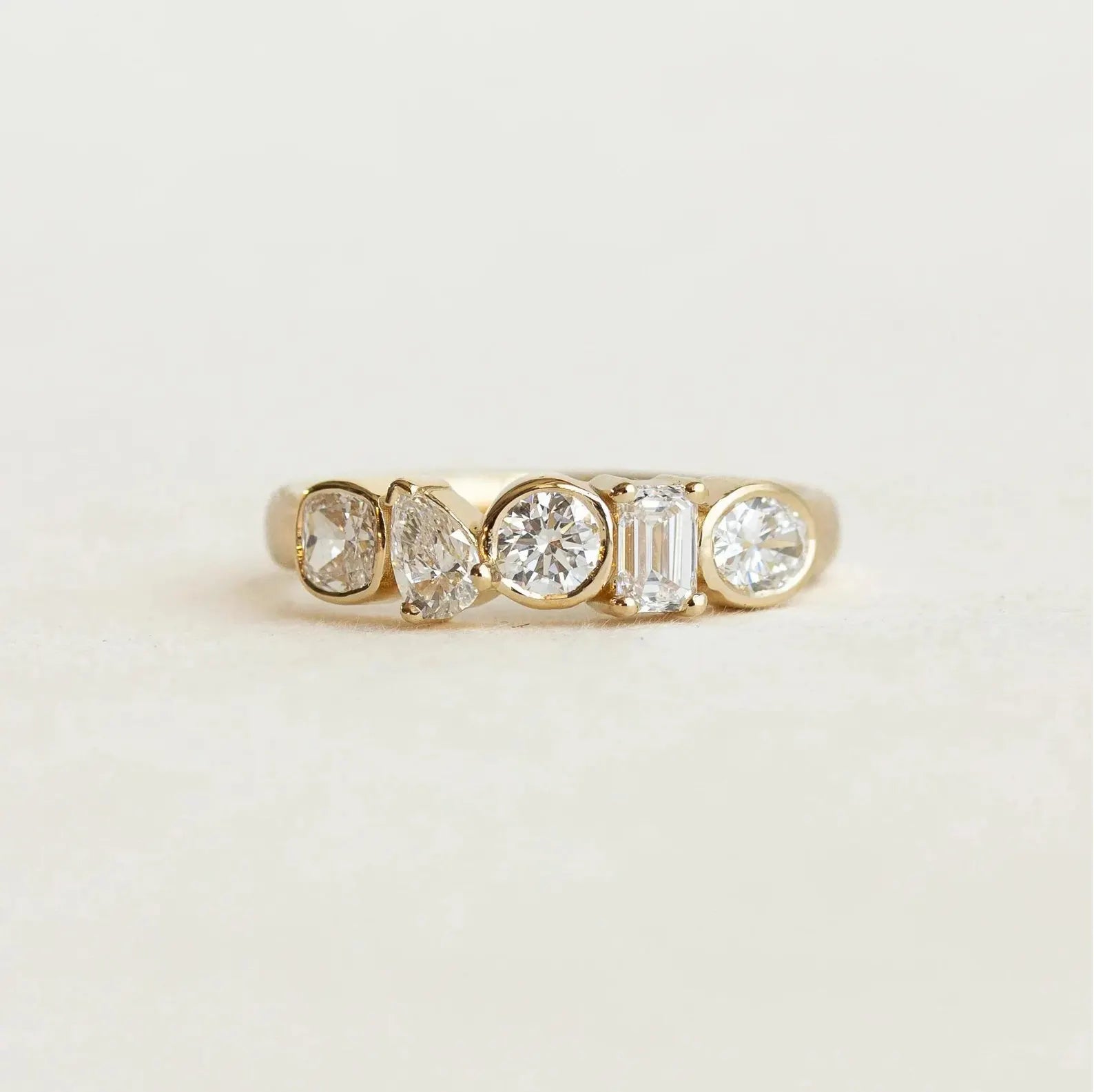 Mixed Shape Moissanite Eternity Ring | 14K Gold Bezel Set Diamond Band | Pear Round Emerald Cut Ring | Anniversary Wedding Band |Unique Ring