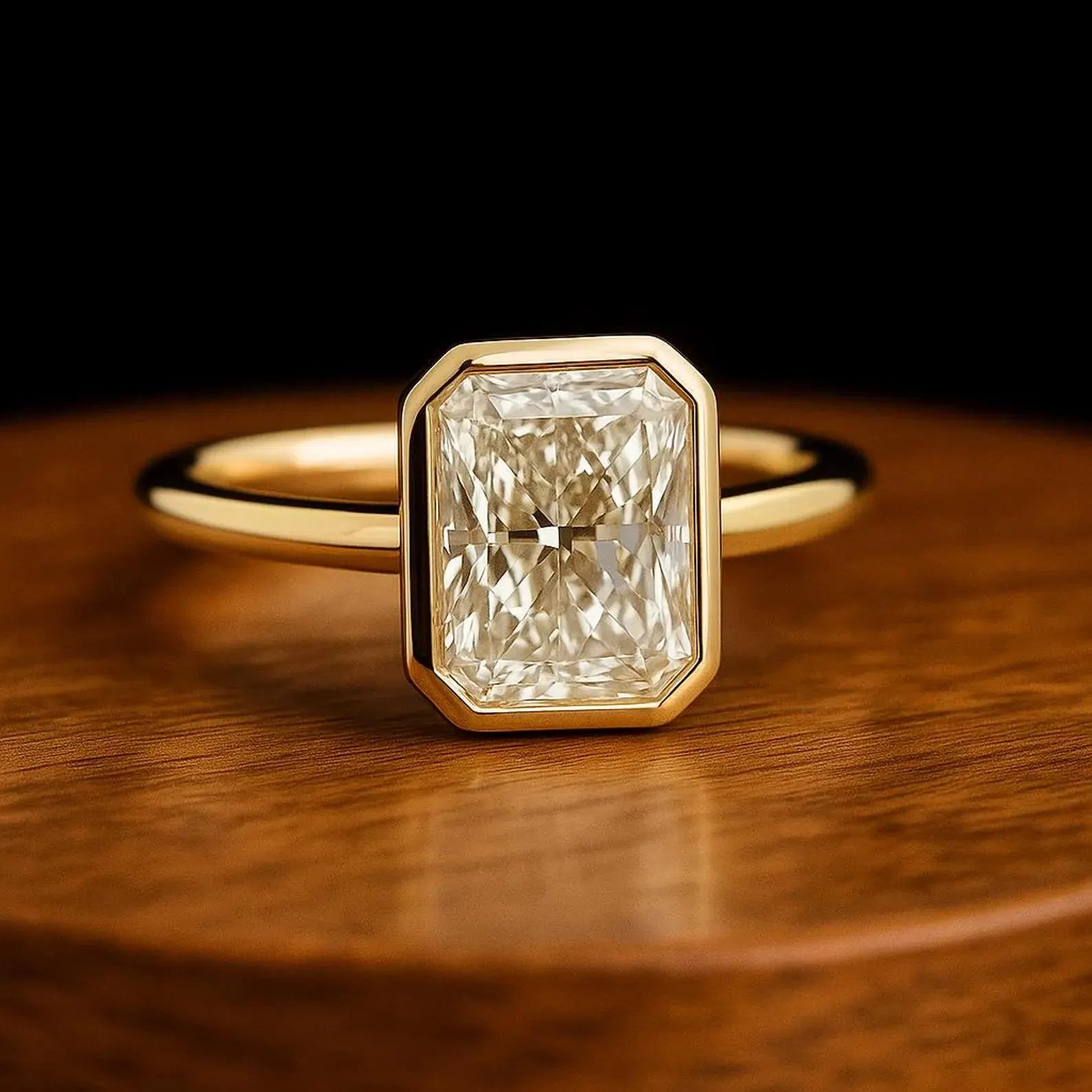 Radiant Cut Lab Grown Diamond Ring, 3.0 CT, 14K Yellow Gold Bezel Set