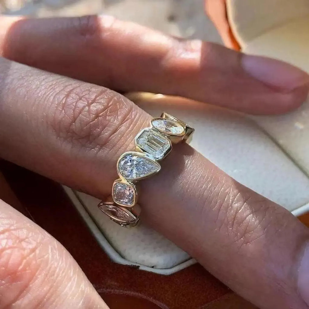 Mixed Shape Eternity Moissanite Ring • 14K Gold Diamond Alternative Band • Pear Marquise Emerald Cut Ring • Wedding Anniversary Band for Her