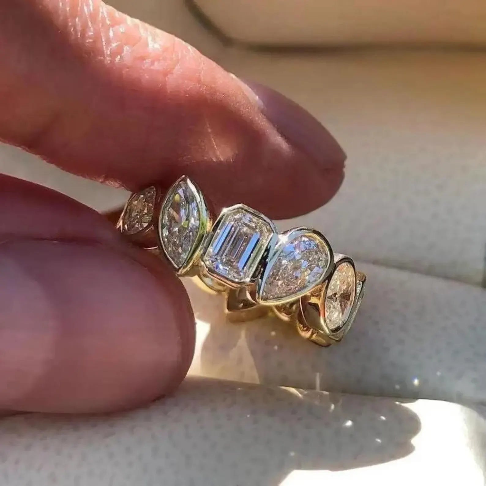 Mixed Shape Eternity Moissanite Ring • 14K Gold Diamond Alternative Band • Pear Marquise Emerald Cut Ring • Wedding Anniversary Band for Her